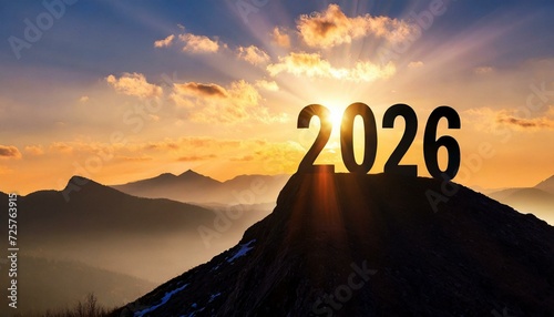 Year 2026, concept. New Year 2024 at sunset. Silhouette 2026 stands on a mountain with sun rays at sunrise, creative idea. 