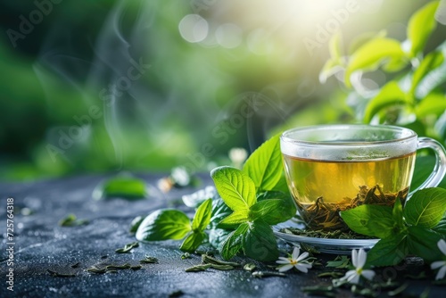 Tea made with fresh, organic green herb leaves. Generative Ai. photo