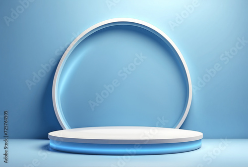 white circular podium stand on blue wall