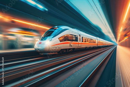 A lengthy high-speed train moves quickly. Generative Ai. © Retu