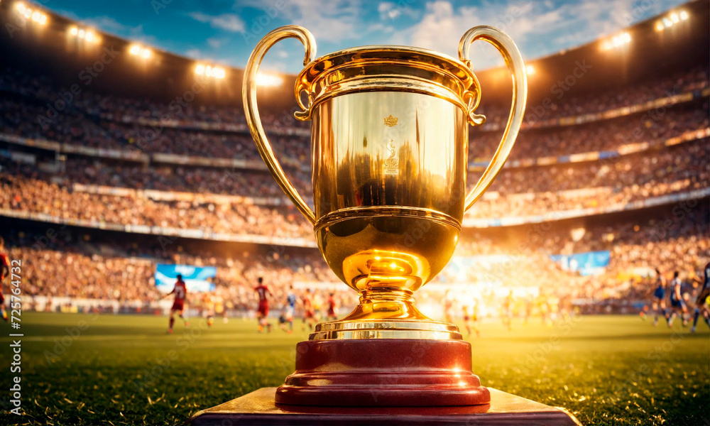 winners' cup on the football field. Selective focus. winners' cup on the football field. Selective focus.