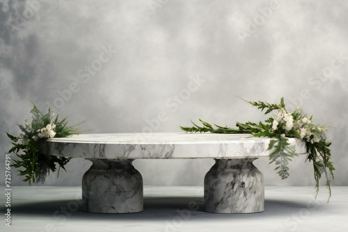White marble pedestal with flowers on grey background
