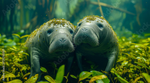 Two manatees lying close to each other underwater amidst vibrant green plants,AI generated