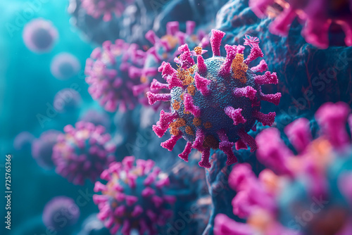 covid sars virus with spikes, infectious viral agent, parasite under the microscope, medicine, medical concept of a corona infection, pandemic photo