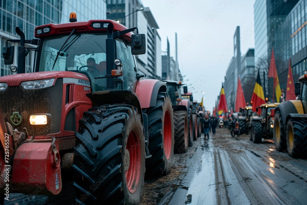 Farmers and hauliers demonstrate against subsidy cuts and tax increases. The demonstrators have come to the event in tractors and trucks. - obrazy, fototapety, plakaty 
