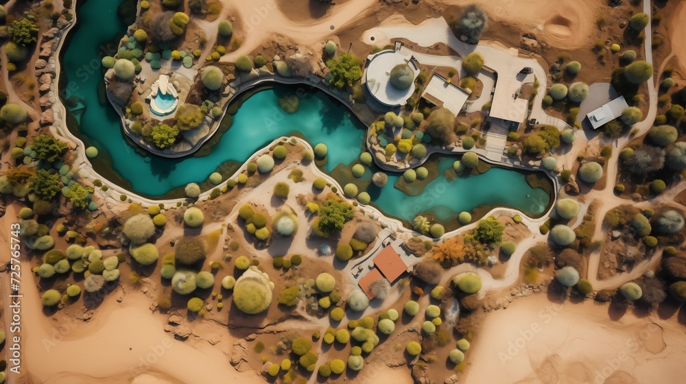 Aerial perspectives capturing the vivid colors of a desert oasis surrounded by sandy landscapes, creating a stark yet beautiful contrast