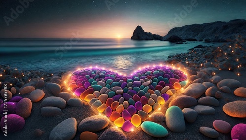 Heart-shaped colorful Pebbles Across the coastline 
