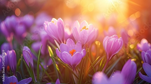 Spring flowers in sunny day in nature, Colorful natural spring background, blooming crocus,