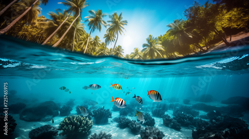 Split view of sea water with fish swimming underwater and tropical island on top