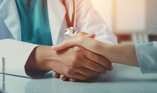 Close-up of doctor hand giving handshake to patient after consultation in cabinet photo