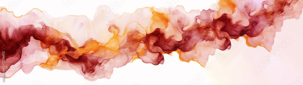 Abstract watercolor paint illustration - Red orange color with liquid fluid marbled swirl waves texture banner texture, isolated on white background banner panorama long