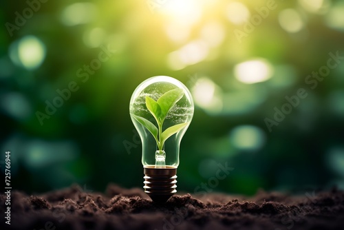 Ecology concept. A young green sprout under the glass protection of a light bulb. Earth Day.