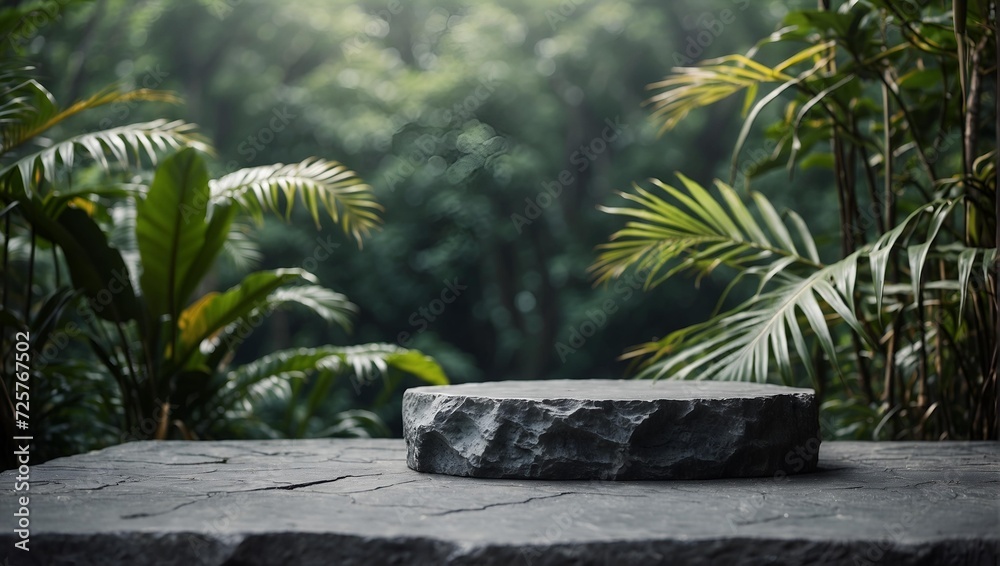 Fototapeta premium Empty stone podium with forest background . product display ideas