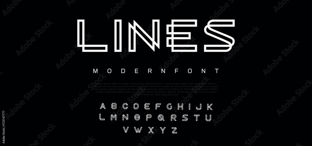 Glowing Double line monogram alphabet and tech fonts. Lines font regular uppercase and lowercase. Vector illustration.