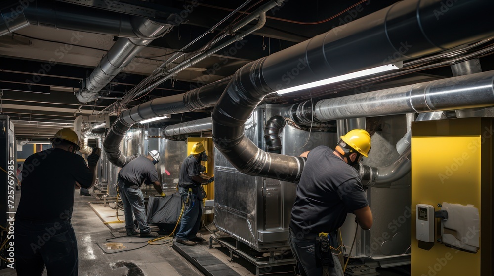 Fototapeta premium An HVAC ventilation repair service worker is checking a heating duct. 