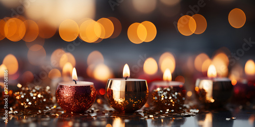 Christmas burning Glowing candles symbolizing funeral religions Christmas celebration birthday spirituality peace memorial or holiday burning at night in a blurred menorah blurred bokeh background.