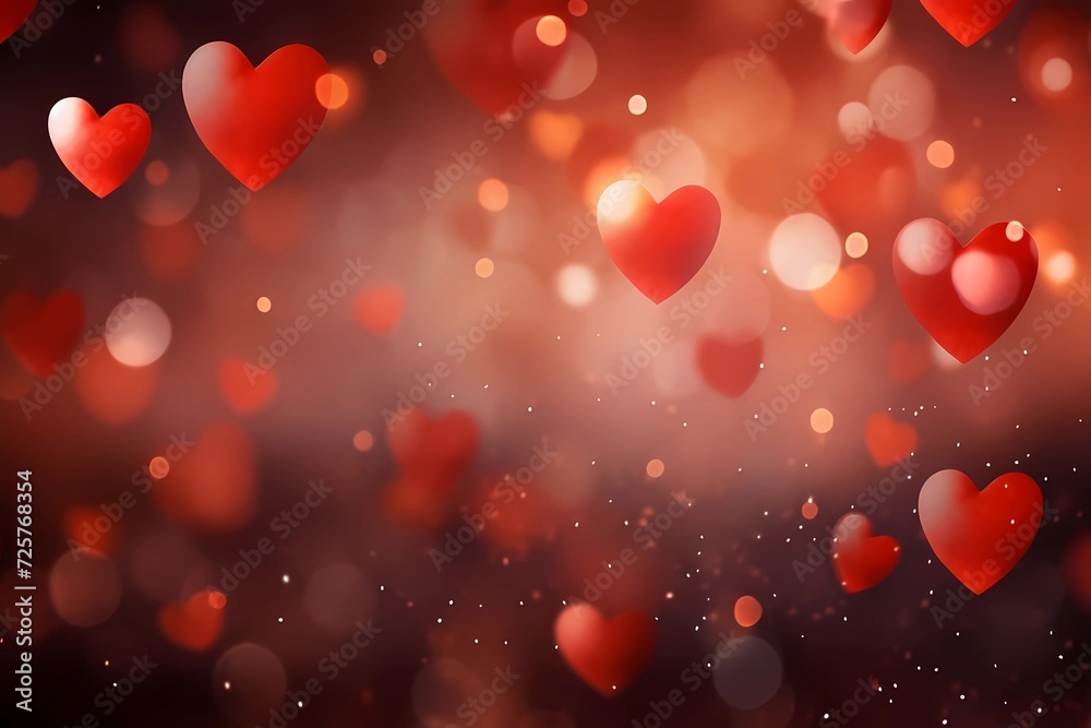 Background of small red hearts, lights, with copy space