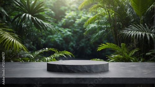 Empty stone podium with forest background . product display ideas