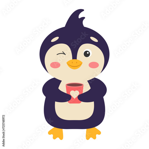 Cute cartoon penguin with a cup of tea. Vector illustration.