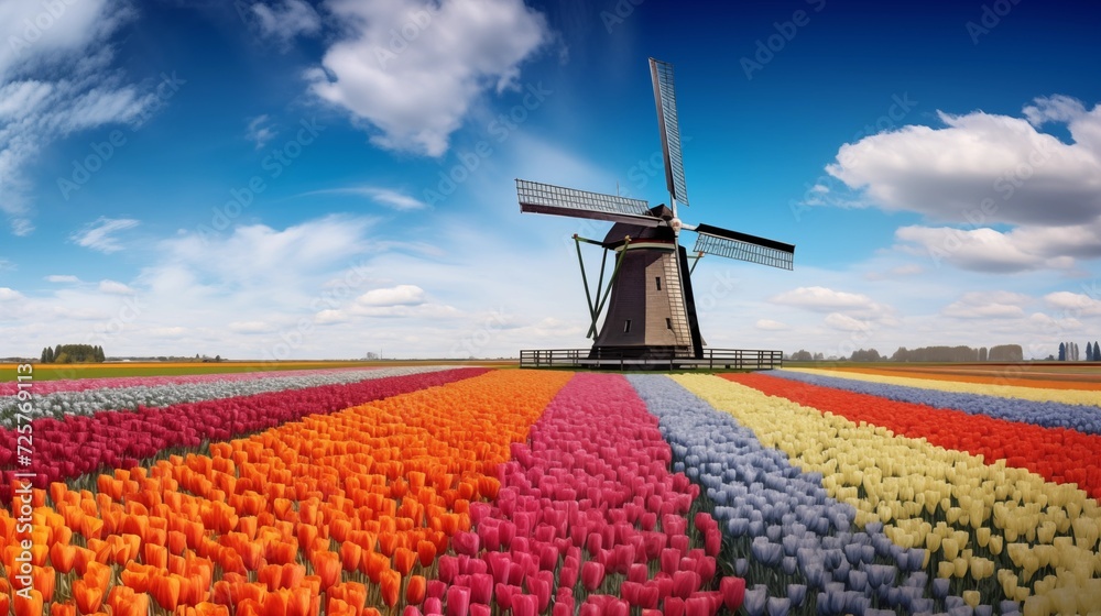 Bird's-eye perspectives capturing vibrant tulip fields under the sunlight, with iconic windmills creating picturesque silhouettes in the Dutch countryside