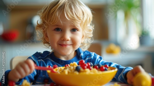 A toddler enjoying fruit and healthy porridge in the morning. Generative Ai.