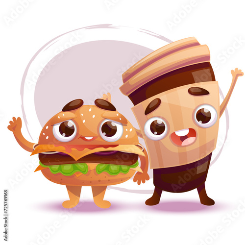 Cartoon burger with a cup of hot drink characters photo