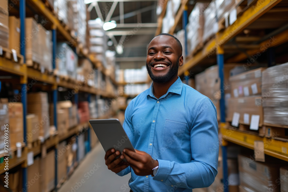 Fototapeta premium Joyful Salesman Managing Inventory with Tablet