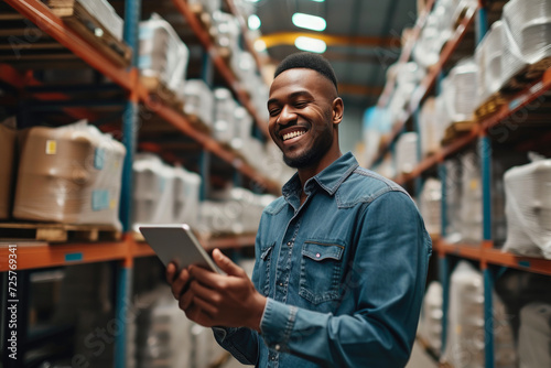Cheerful Warehouse Worker Tracking Stock on Tablet