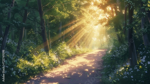 Beautiful anime-style illustration of a lush forest path in summer