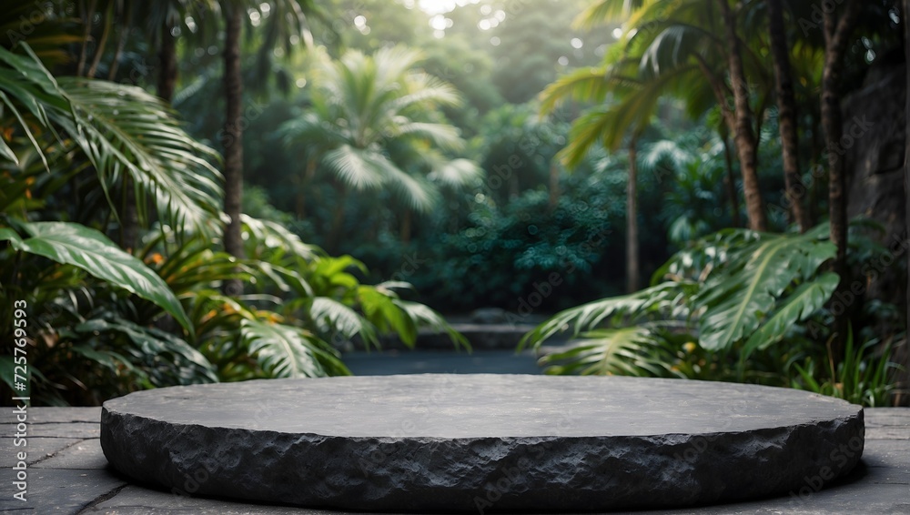 Empty stone podium with forest background . product display ideas Empty stone podium with forest background . product display ideas
