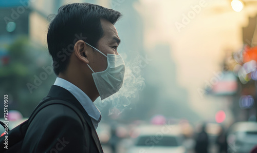 Asian man wear N95 masks to protect against PM 2.5 dust and air pollution over smog city buildings, coughing with sore throat pain, lung cancer, bronchitis,Bronchial. photo