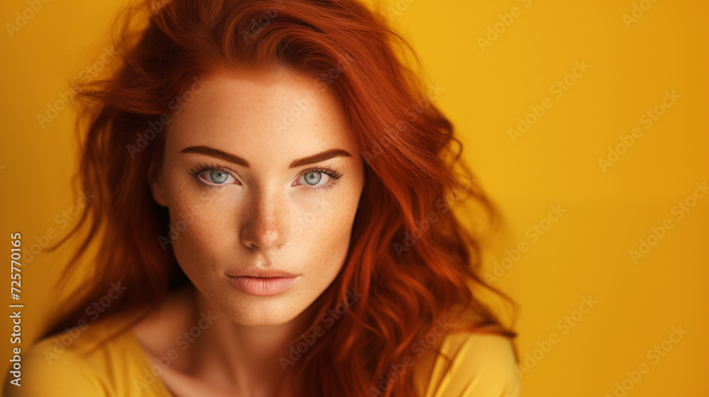 Fototapeta premium Beautiful woman with red hair on a yellow background 