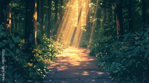 Beautiful anime-style illustration of a lush forest path in summer