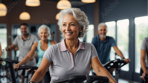 Elderly woman taking indoor cycling class at fitness center, doing cardio riding bike