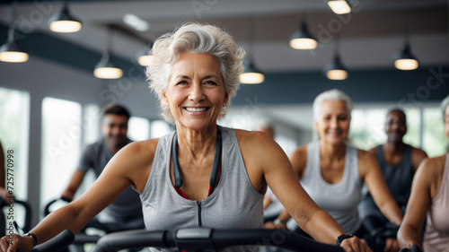 Elderly woman taking indoor cycling class at fitness center  doing cardio riding bike  space for text