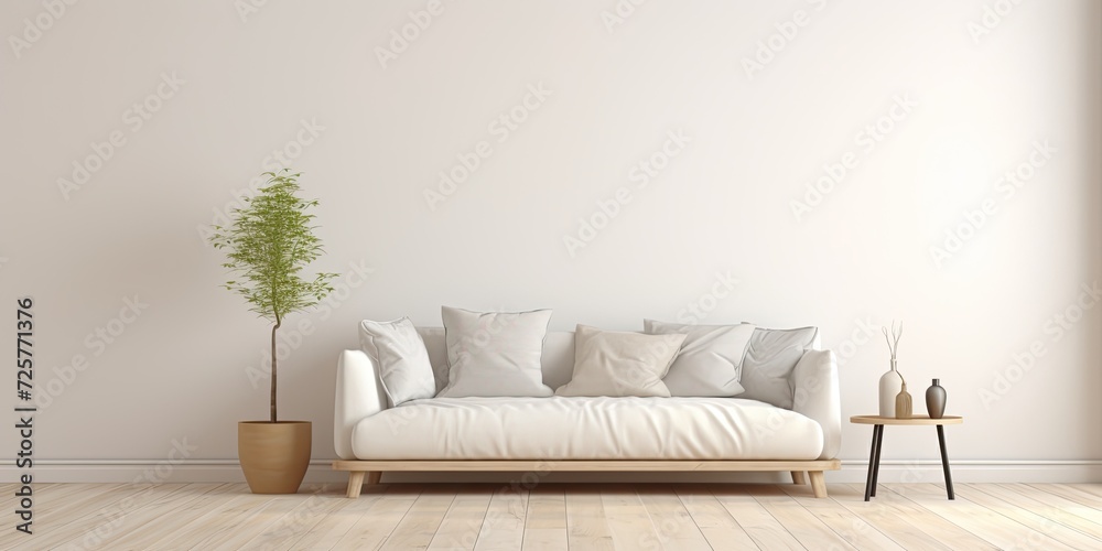 Fototapeta premium Nordic-inspired interior with modern couch. White wall backdrop for text.