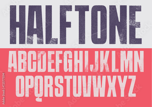 Rough Halftone font bold Condensed Font in all uppercase. Individually textured characters with a halftone texture. Bright colours