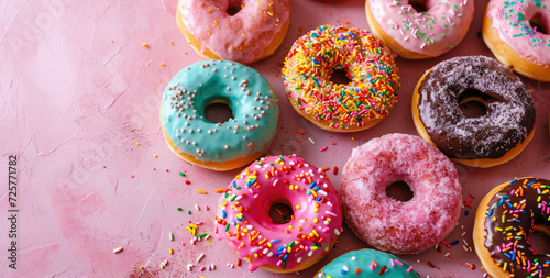 colorful sweet glaze donuts on vivid pink background.
