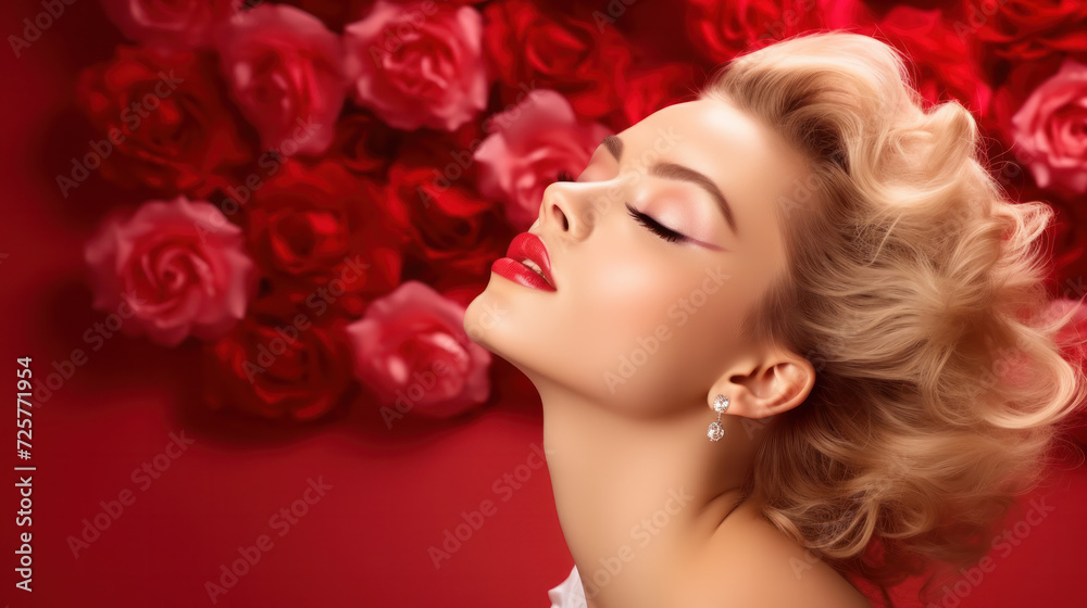 Beauty Fashion Model Girl Portrait with Red Roses Hairstyle. Red Lips and Nails. Beautiful Luxury Makeup and Hair Vogue Style