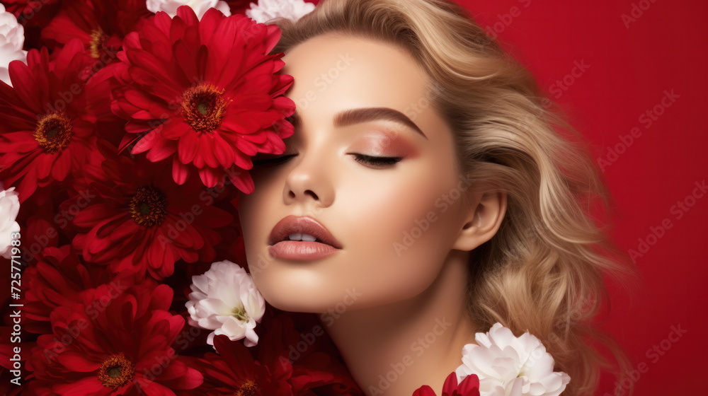 Beauty Fashion Model Girl Portrait with Red Roses Hairstyle. Red Lips and Nails. Beautiful Luxury Makeup and Hair Vogue Style