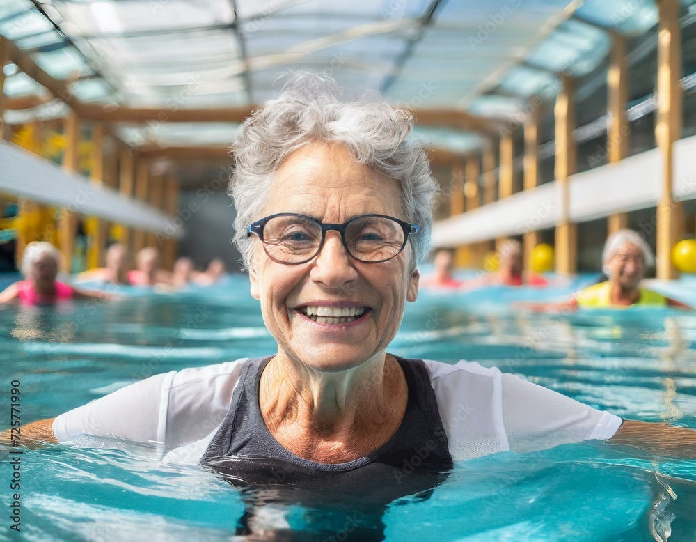 Fototapeta premium Active mature women enjoying aqua gym class in a pool, healthy retired lifestyle with seniors doing aqua fit sport