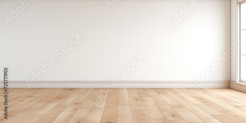Indoor space with bare white wall and wooden floor.