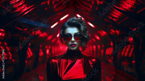This image features a woman in red with sunglasses, set against a futuristic neon-lit tunnel.Fashion concept. AI generated.