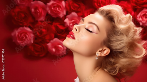 Beauty Fashion Model Girl Portrait with Red Roses Hairstyle. Red Lips and Nails. Beautiful Luxury Makeup and Hair Vogue Style