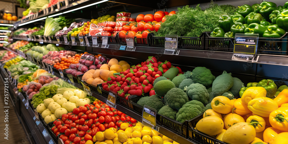 Fresh Produce Section: A Colorful Display of Fresh Fruits and Vegetables in the Grocery Store, Showcasing a Variety of Seasonal and Locally Sourced Produce for Healthy Eating