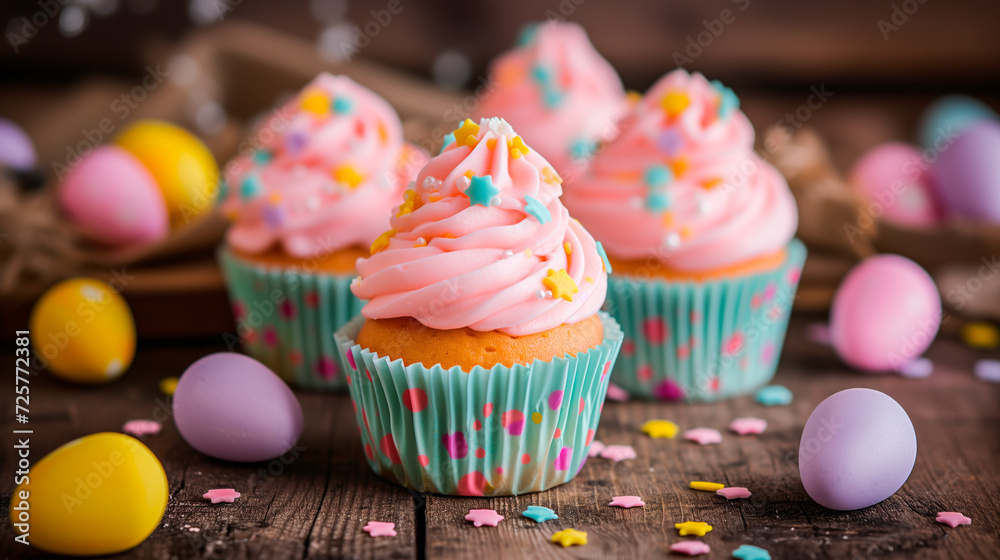 Easter-themed cupcakes with pastel sprinkles and chocolate eggs, perfect for spring and easter celebrations.
