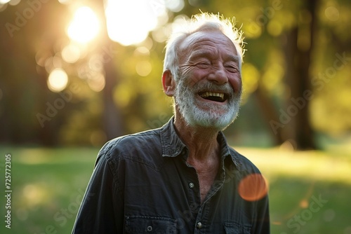 a man laughing outside with trees in the background