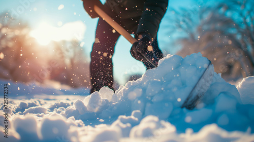 Person shoveling deep snow from the driveway or sidewalk during a winter day, depicting cold weather maintenance work and chores. 