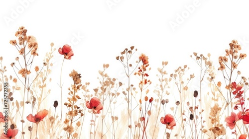 A variety of wildflowers are scattered on a white background. Flower composition. pressed dried flowers of wild plants.