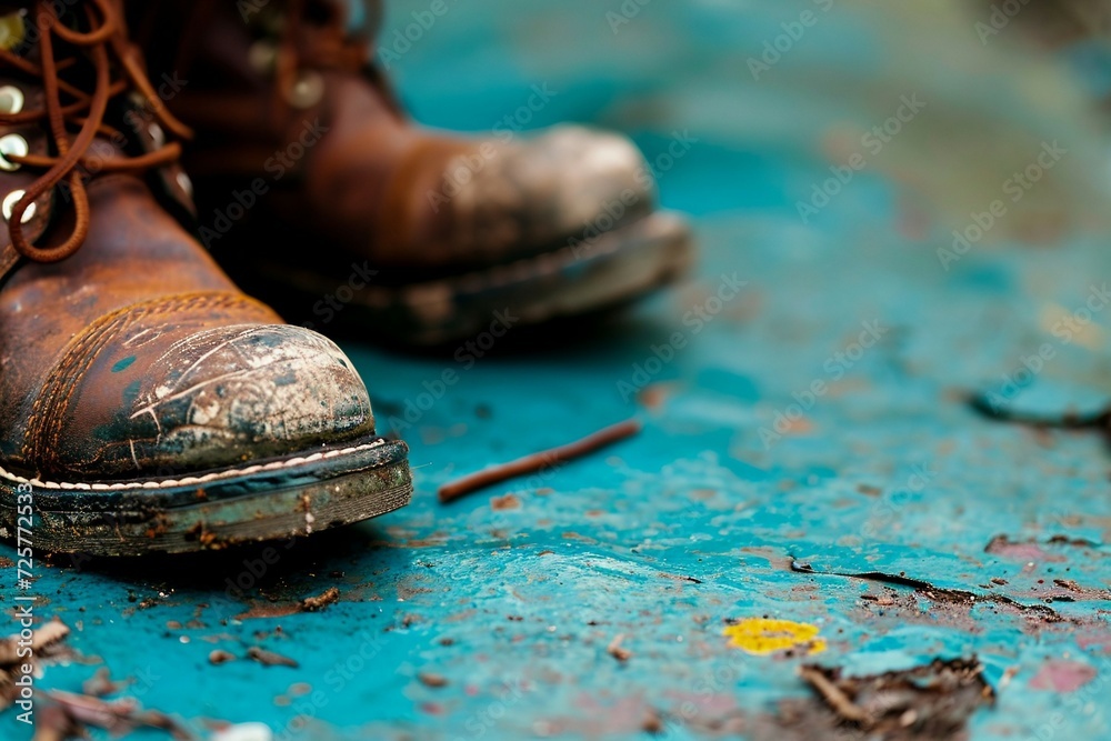 a pair of dirty boots on a blue surface a pair of dirty boots on a blue surface